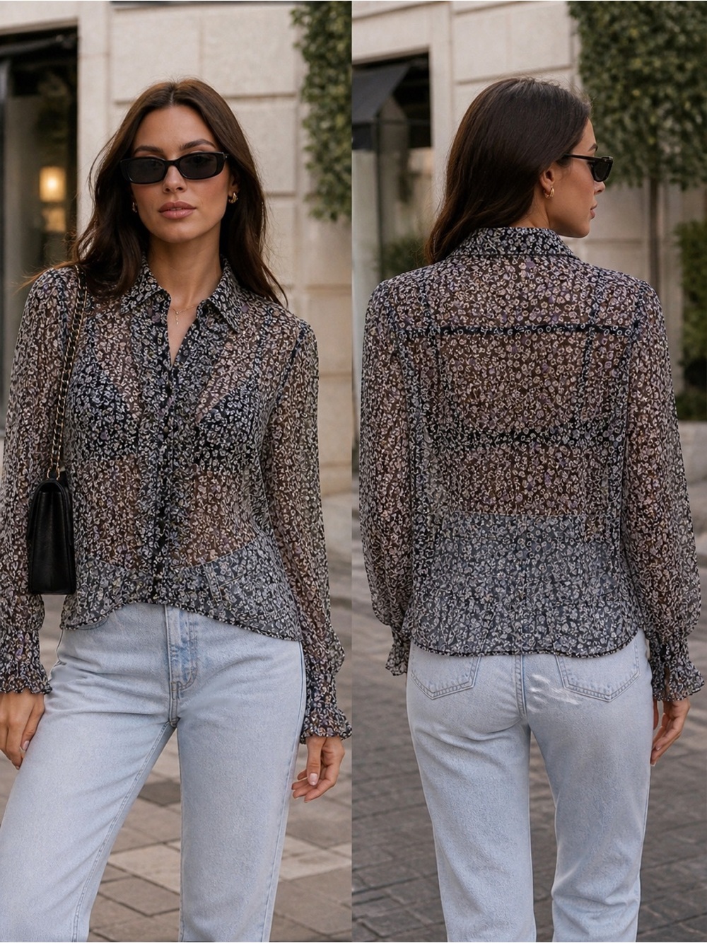 CHANEL CC logo Sheer Floral Circle Print Blouse size 38